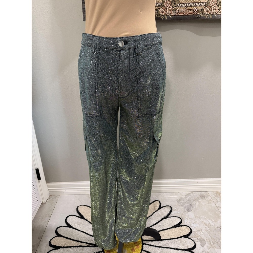 Finesse Pants Womens XS Green Glitter Cargo Knit Stretch Pockets Partywear Club